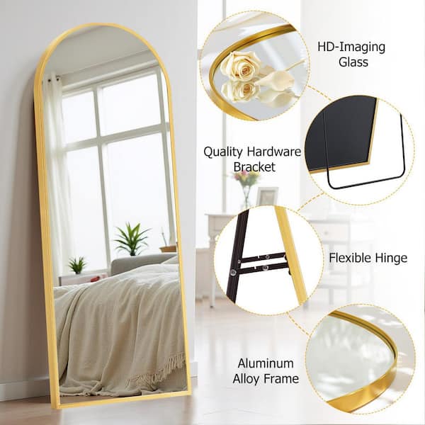 64 in. x 21 in. Full Length Arched Top Wall Mount Bathroom Vanity Mirror with Stand Aluminum Alloy Thin Frame in Gold