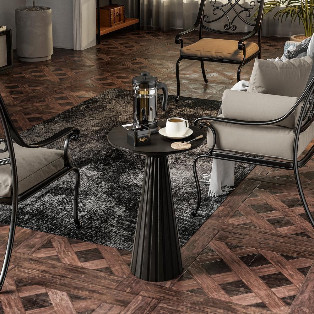 Black Round Pedestal Wood End Table with Textured Finish