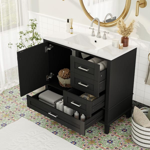 36 in. Single Sink Freestanding Black Bath Vanity with White Ceramic Top and 3 Drawers Storage Door Cabinet Unassembled