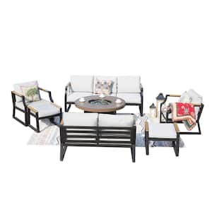 Bright 7-Piece Aluminum Patio Fire Pit Conversation Set with Grey Cushions and Round Fire Pit Table