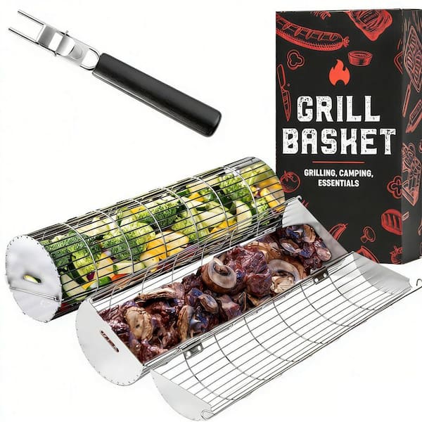 Rolling Grill Basket (2-Piece Set) - Stainless Steel BBQ Grill Mesh for Vegetables and Meat