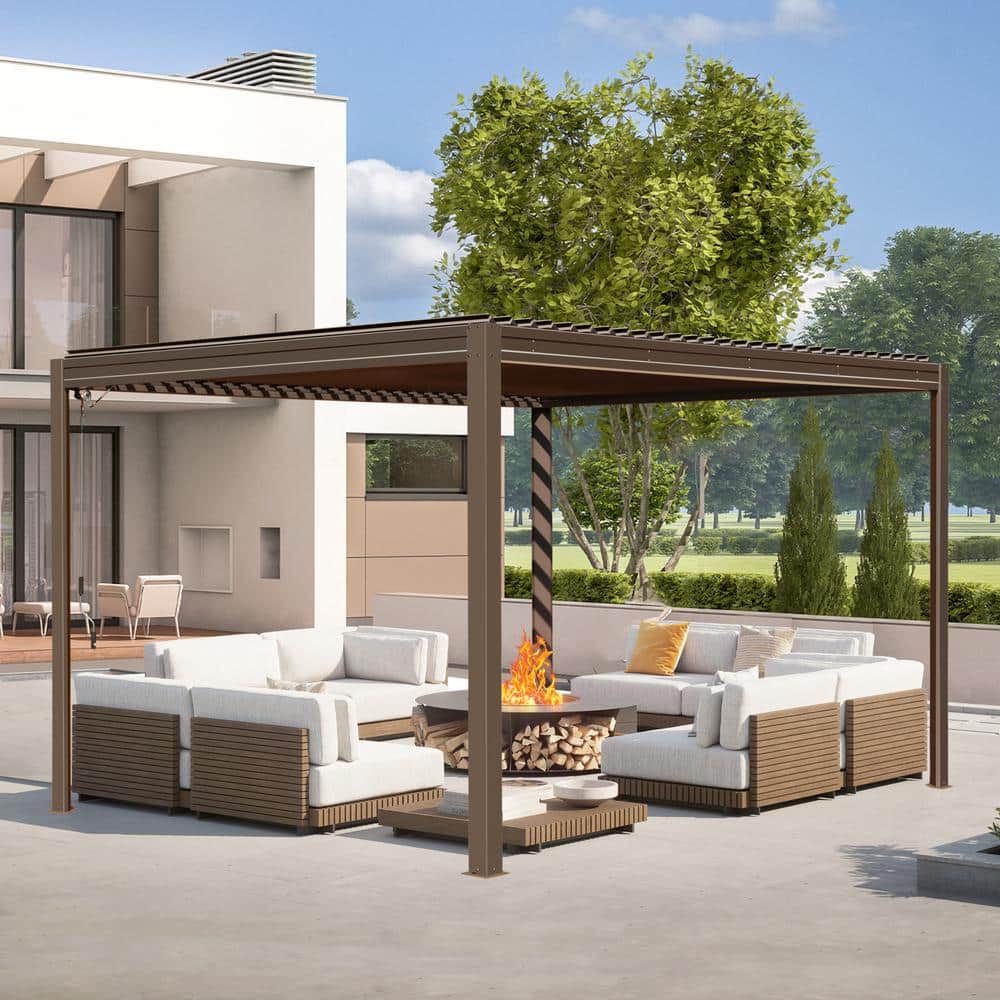 Brown Aluminum 10' x 13' Louvered Pergola with Adjustable Roof