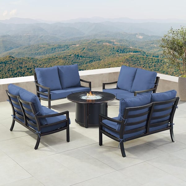 Oakland Living Black 7-Piece Aluminum Patio Fire Pit with 4-Deep Seating Loveseat Blue Cushions