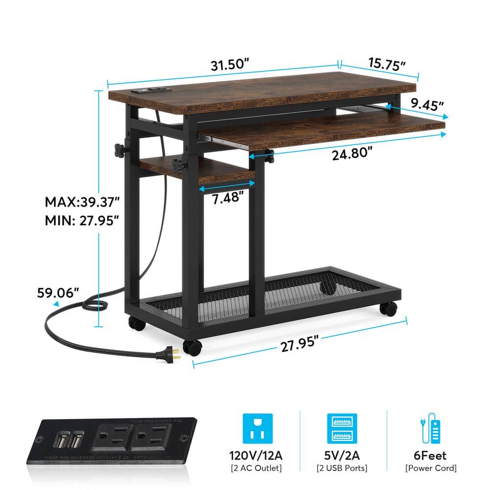 Kerlin 31.5 in. Rustic Brown Adjustable C-Shaped End Table with Power Outlets and Wheels