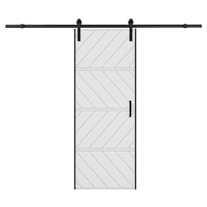 30 in. x 84 in. Paneled 4-Segments Wave Design White MDF Prefinished Barn Door Slab with Installation Hardware Kit