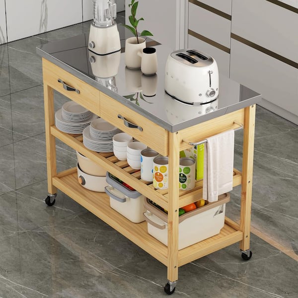 Natural Wood 44.10 in. Rolling Kitchen Island with Stainless Steel Countertop and Drawers