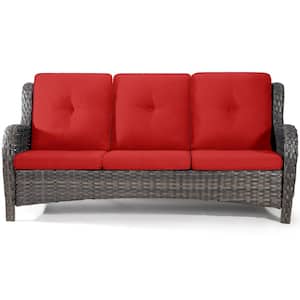 Grey Wicker 2-Seater Rattan Outdoor Patio Loveseat Sofa with Deep Seating and Red Olefin Cushions