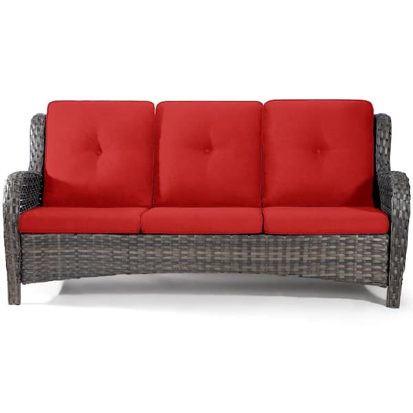 Zeus & Ruta Grey Wicker 2-Seater Rattan Outdoor Patio Loveseat Sofa with Deep Seating and Red Olefin Cushions
