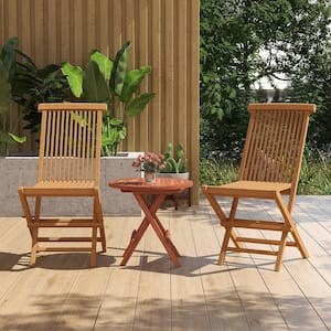 3-Piece Outdoor Bistro Set Round Table Teak Wood Folding Chair Slatted Tabletop Seat