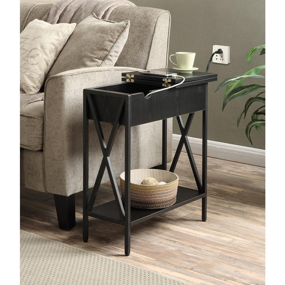 Tucson Black Wood and Metal Flip-Top End Table with Charging Station