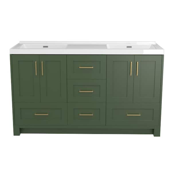 NTQ 60 in. W x 22 in. D x 36 in. H Bathroom Vanity Double Sink Freestanding Bath Vanity Cabinet in Green w/White Resin Top
