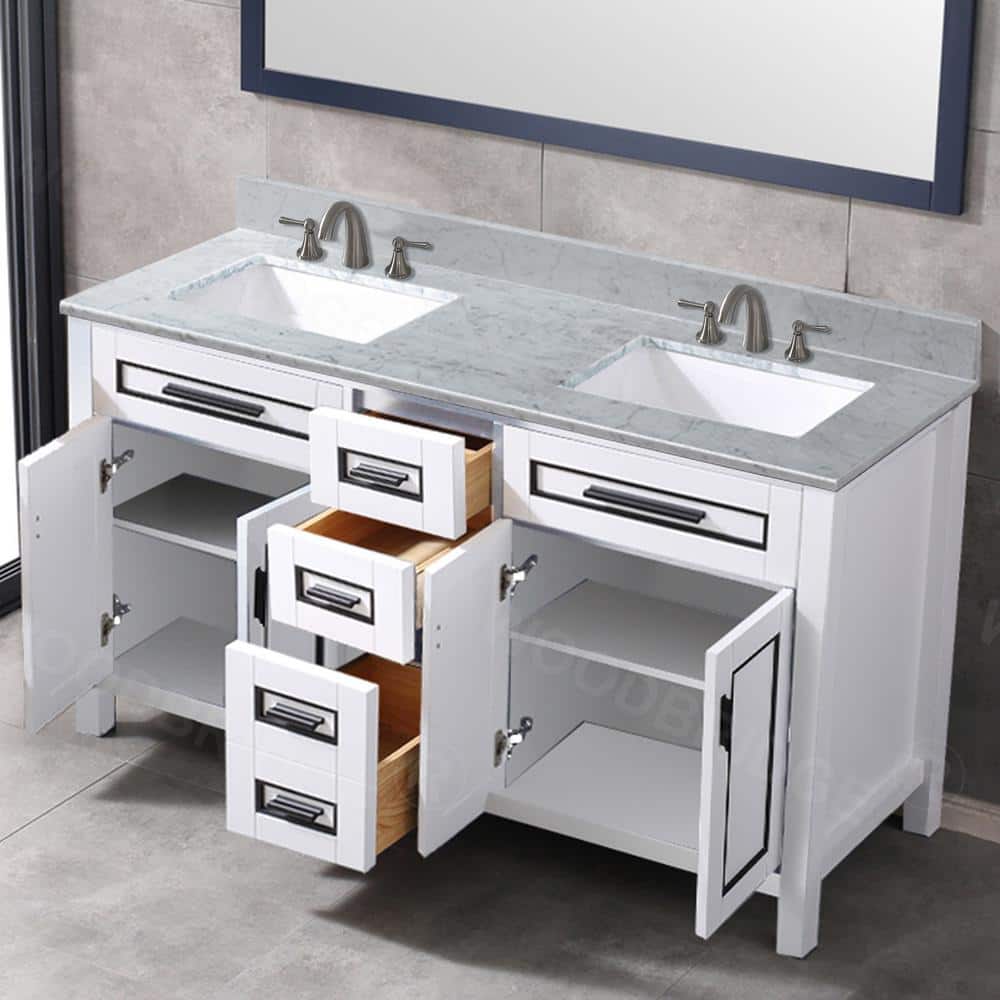 61" White and Black Trim Solid Wood Double Vanity with Carrara Marble Top