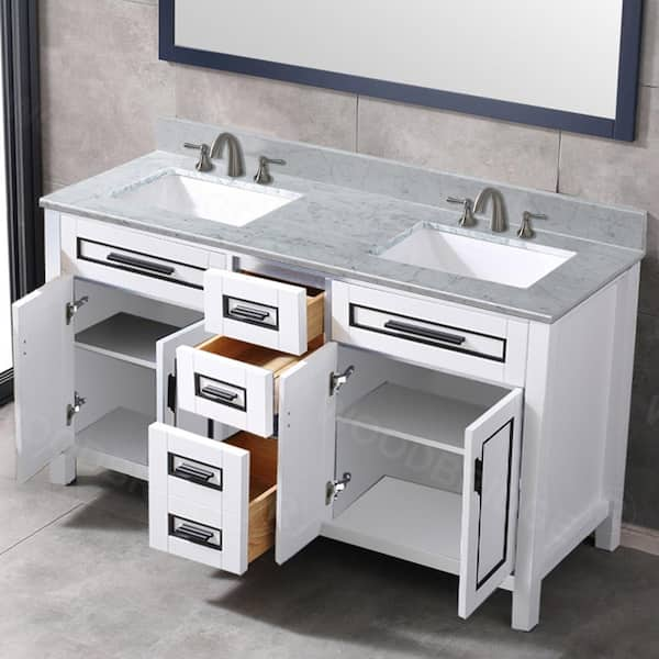 Millan 61 in.W x 22 in.D x 38 in.H Bath Vanity in White with Marble Vanity Top in White with White Sink