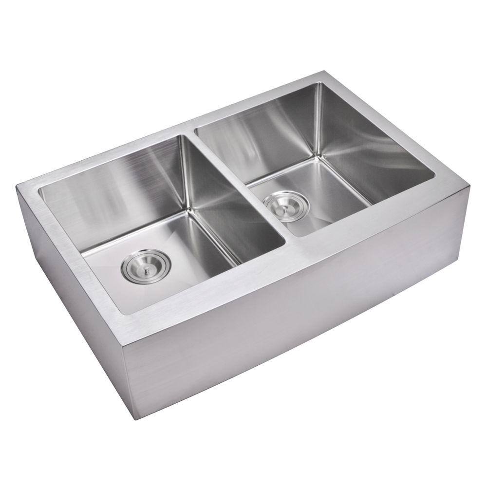 Water Creation Farmhouse Apron Front Small Radius Stainless Steel 25 in.  Double Bowl Kitchen Sink in Satin SS AD 2522C