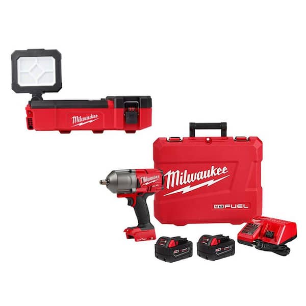 Milwaukee M12 12V Lithium-Ion Cordless PACKOUT Flood Light and M18 18V 1/2 in. High-Torque Impact Wrench with Friction Ring Kit