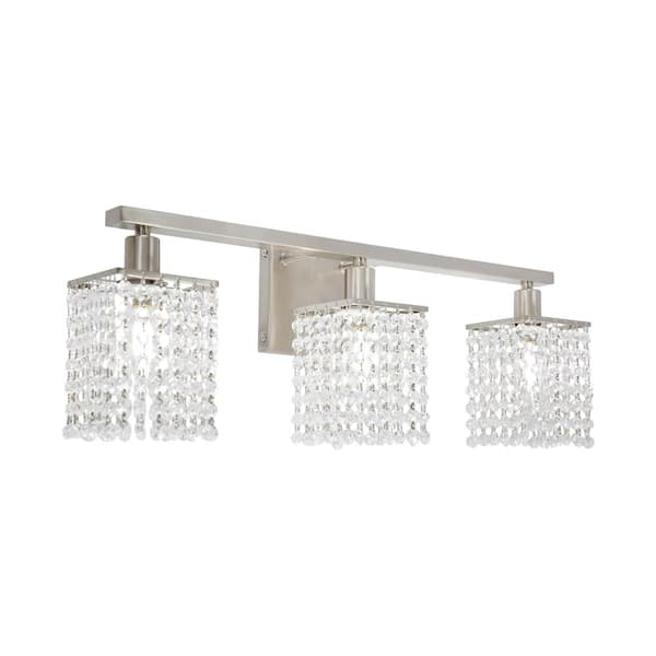 23.5 in. 3-Light Brushed Nickel LED Vanity Light Bar with K9 Crystal Drop Accents Integrated LED Fixture
