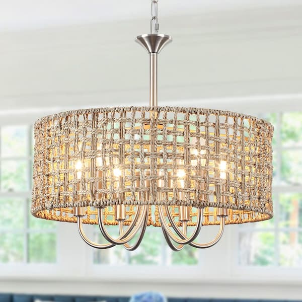 18 in. 6-Light Nickel Bohemian Candle Drum Chandelier w/ Hand-Woven Natural Rattan Shade for Living Room Entryway Porch
