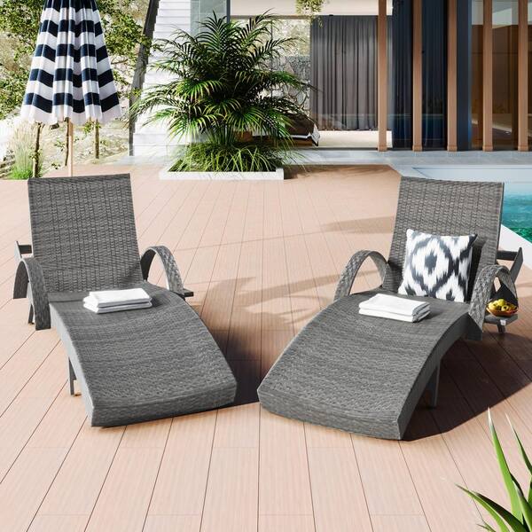 Gray Wicker Outdoor Chaise Lounge Chairs Reclining Chair Side Table Adjustable Backrest Ergonomic Wave Design Set of 2