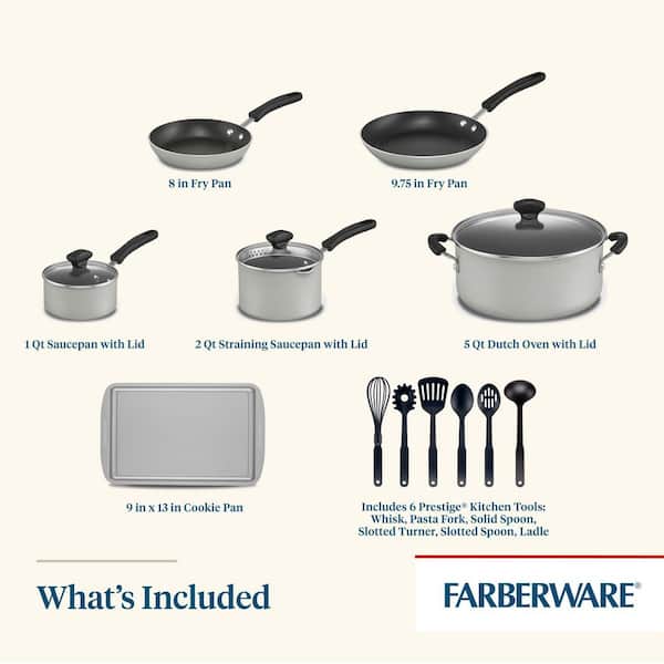 Farberware Cookstart DiamondMax Nonstick Cookware/Pots and Pans Set,  Dishwasher Safe, Includes Baking Pan and Cooking Tools, 15 Piece - Silver