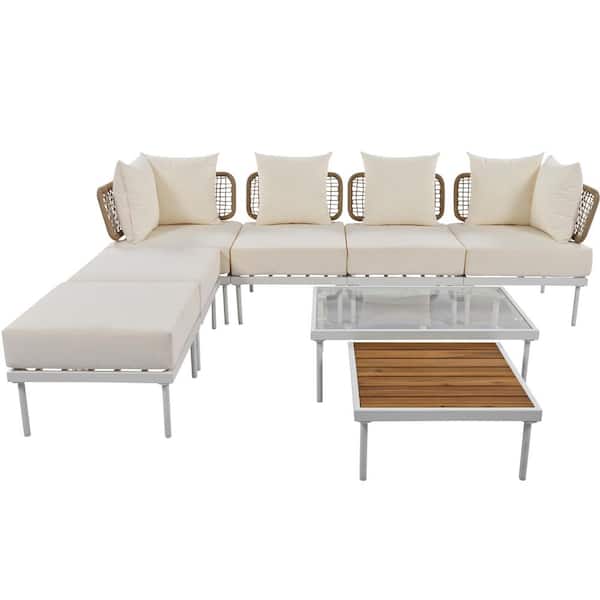 8-Piece Metal Outdoor Sectional Sofa Set with Tempered Glass Coffee Table and Wooden Coffee Table, Beige Cushions
