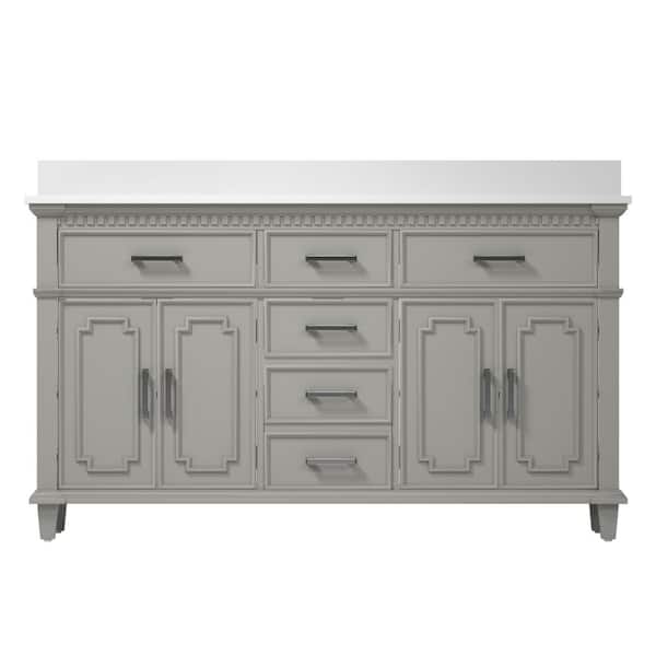 ExBrite Vietnam-Collection 60 in. W x 38 in. D x 22 in. H Bath Vanity in Gray with White Stone Top, Cabinet and Double Sinks