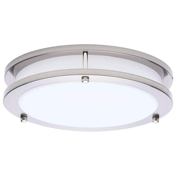 Glamour 10 in. 100-Watt Equivalent 1-Light Brushed Nickel Transitional Selectable LED Flush Mount, White Acrylic Lens
