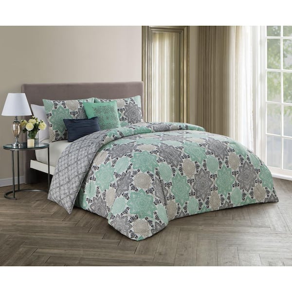 Avondale Manor Greer 5-Piece Grey/Mint Queen Comforter Set