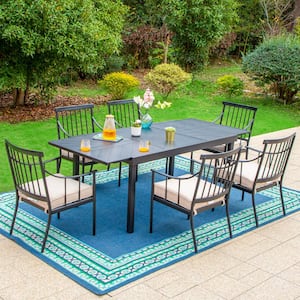7-Piece Metal Outdoor Dining Set with Extensible Rectangular Carve Pattern Table and Stylish Chairs with Beige Cushions