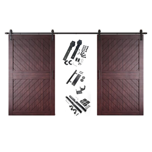 XT4 48 in. x 84 in. C-Panel Red Mahogany Slanted Stripe Design Double Pine Wood Sliding Barn Door with Hardware Kit