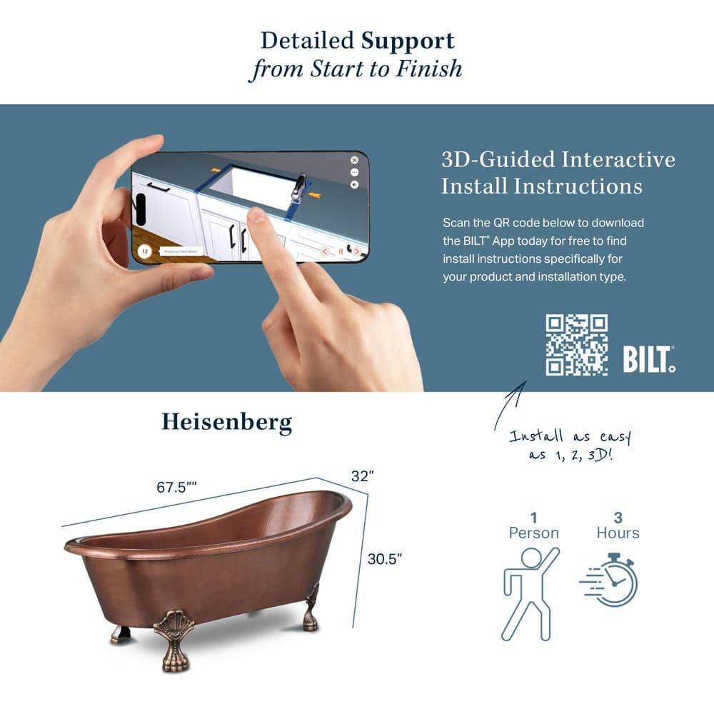 Heisenberg 67.5" Antique Copper Freestanding Clawfoot Bathtub