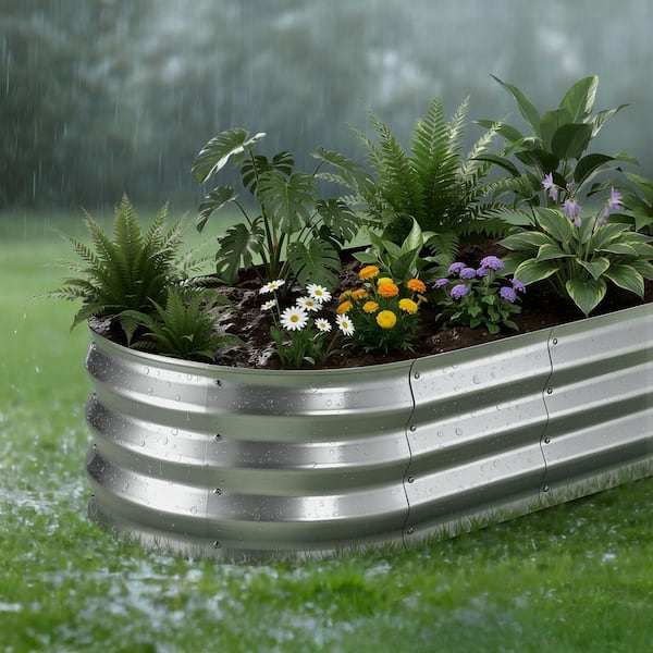 2 Pack Silver Galvanized Raised Garden Beds, 4 x 2 x 1 ft. Oval Metal Planter Boxes Kit Outdoor with Gloves, 2025 Update