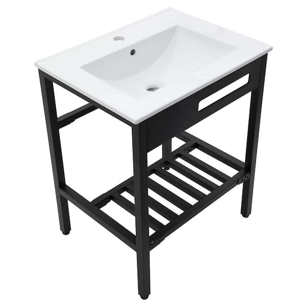 24 in. Drop-In/Undermount Single Bowl White Ceramic Kitchen Sink with with Overflow and Black Legs