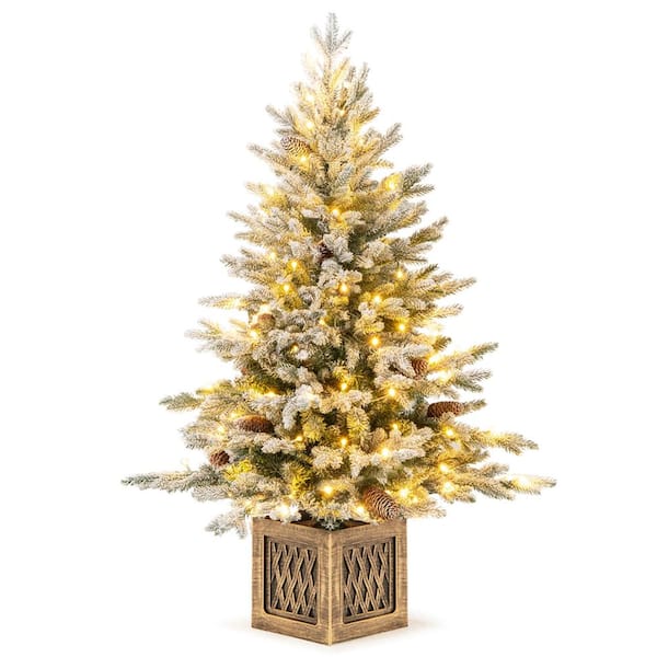 4 ft. PreLit Artificial Xmas Flocked Christmas Tree with 231 PE PVC Branch Tips and 100 warm white LED lights