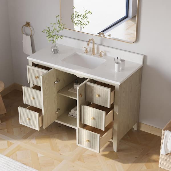 ANITA 48 in. Ash Freestanding Bath Vanity with White Quartz Top, 4 in. Backsplash/BLUM Hinge/DTC Slider, Fully Assembled