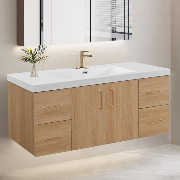 AeroLux 48 in. W x 19 in. D x 20. 5 in. H Single Sink Floating Natural Wood Bath Vanity with White Resin Integral Top