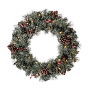 24 in. D Pre-Lit Glittered Pine Cone Artificial Christmas Wreath with Warm White LED Light