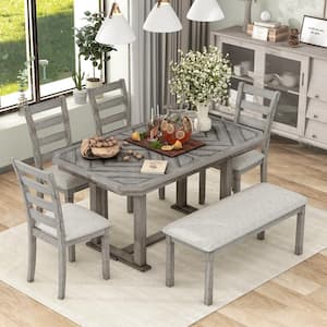 6-Piece Gray Beautiful Wood Grain Rubber Wood Dining Table Set with 4 Chairs and 1 Bench