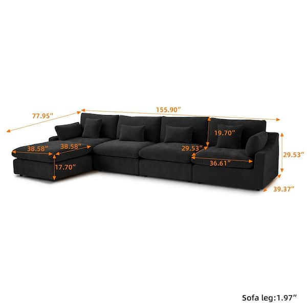 155.9 in. Slope Arm Linen 5-Pieces Modular Free Combination Sofa with Ottoman in Black