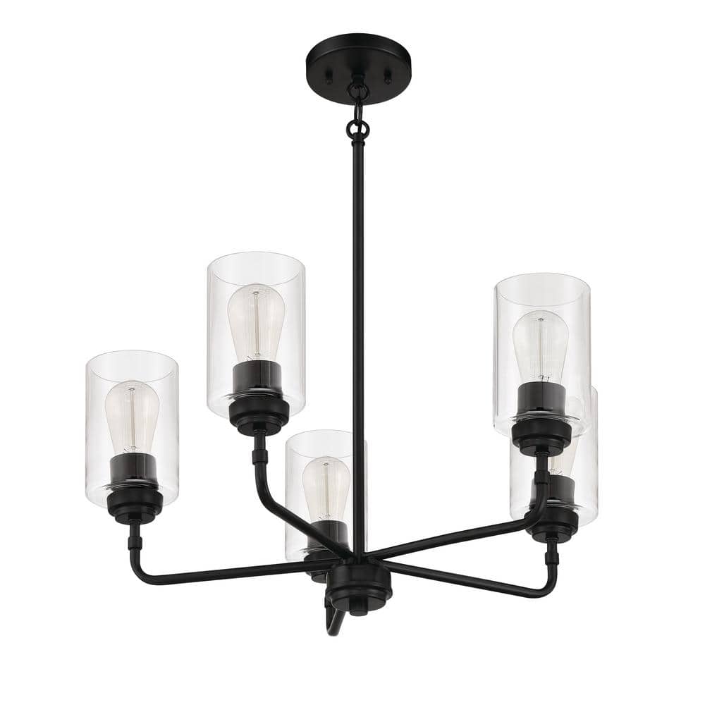 Stowe Flat Black 5-Light Cylinder Chandelier with Clear Glass