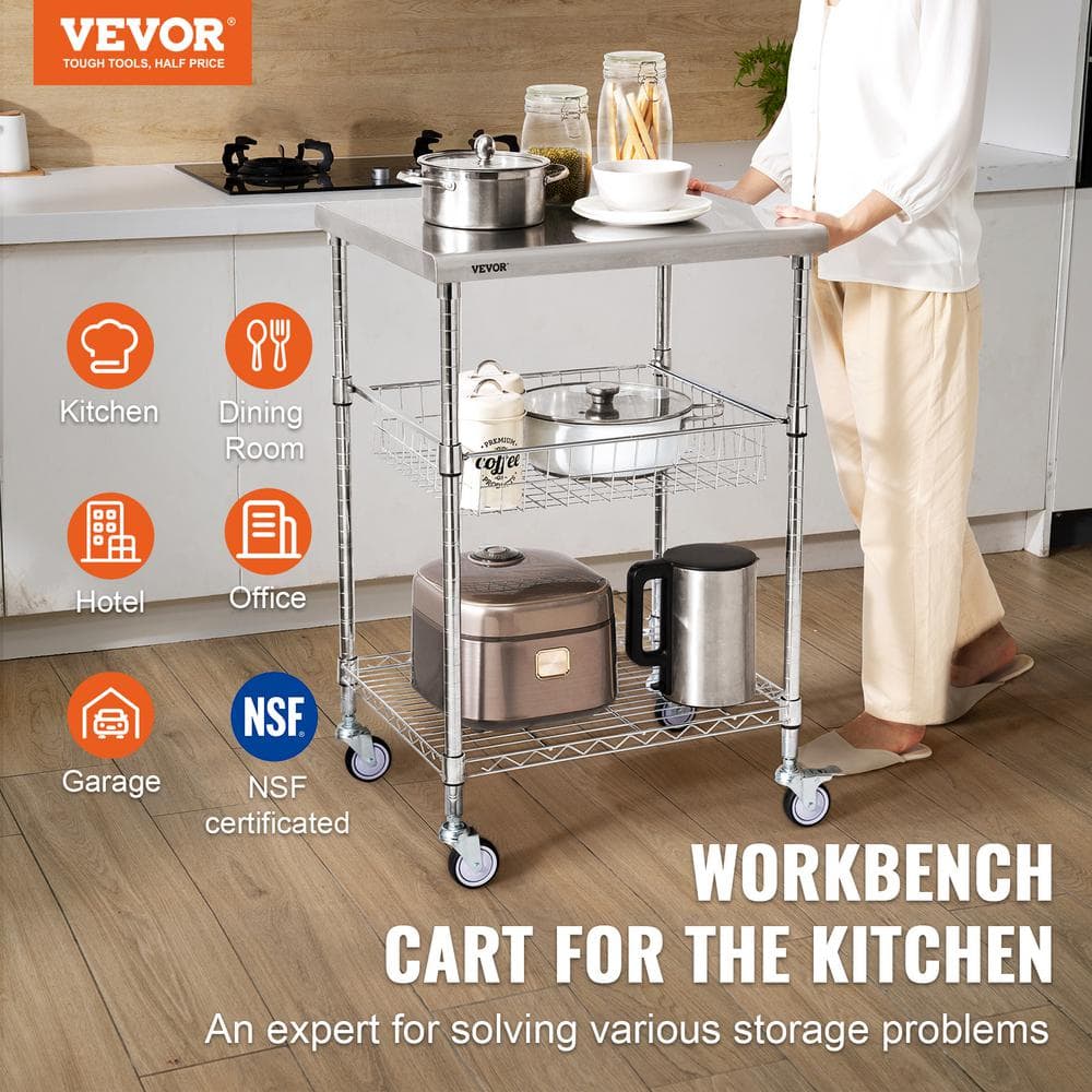 Silver 3-Tier Steel Utility Cart with Adjustable Shelves and Wheels