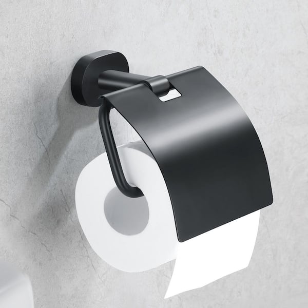 Bathroom Wall Mounted Toilet Paper Holder Tissue Holder with Cover in Matte Black