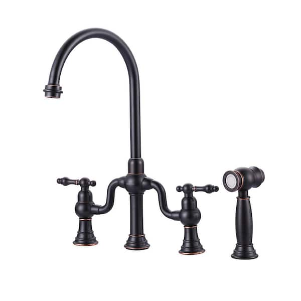 Double Handle Deck Mounted Brass Bridge Kitchen Faucet with Side Sprayer in Oil Rubbed Bronze