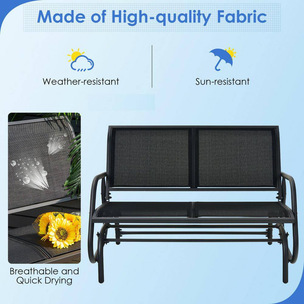 Black Steel Outdoor Glider Bench Loveseat with Mesh Fabric