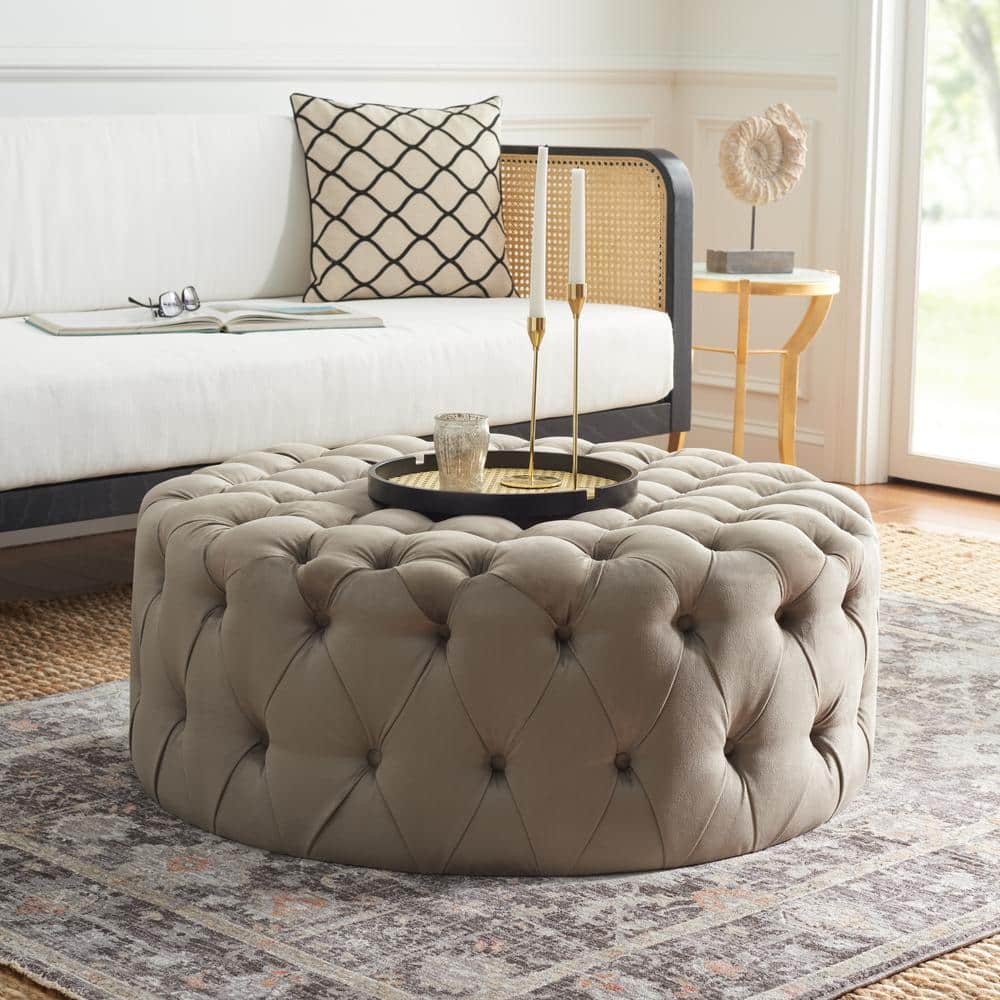 Charlene 39" Gray Tufted Round Cotton Ottoman