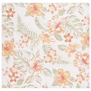 Sunrise Ivory/Rust Sage 7 ft. x 7 ft. Oversized Floral Reversible Indoor/Outdoor Square Area Rug