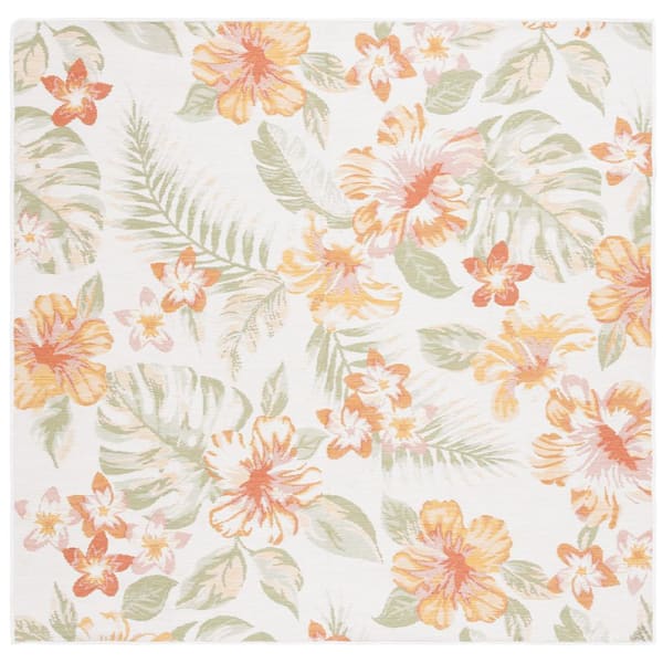 SAFAVIEH Sunrise Ivory/Rust Sage 7 ft. x 7 ft. Oversized Floral Reversible Indoor/Outdoor Square Area Rug