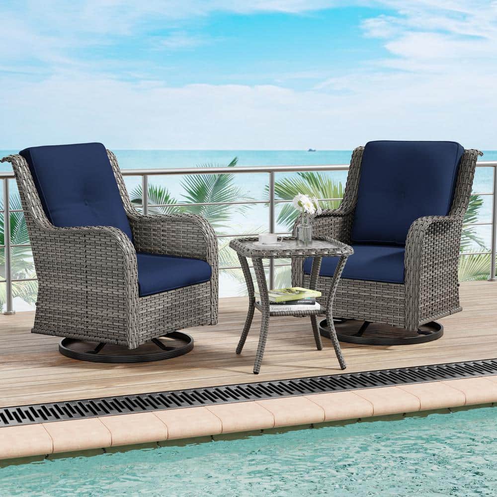 3-Piece Wicker Patio Swivel Outdoor Rocking Chair Set with Blue Cushions and Side Table price history on PriceWatchPro