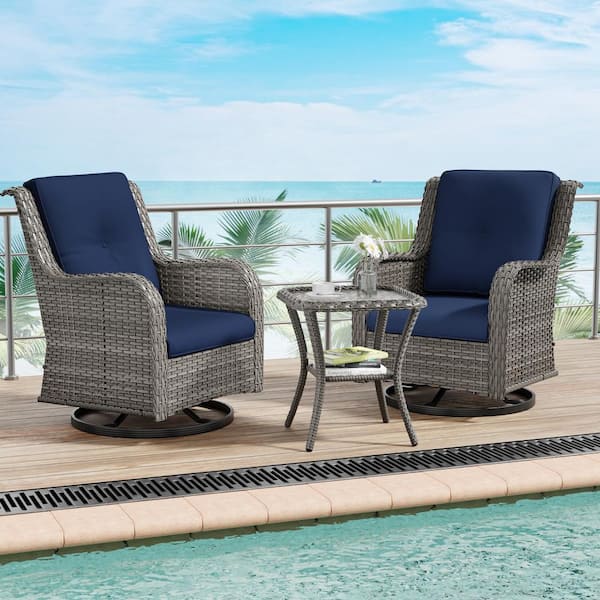 Gardenbee 3-Piece Wicker Swivel Outdoor Rocking Chairs Patio Conversation Set with Blue Cushions