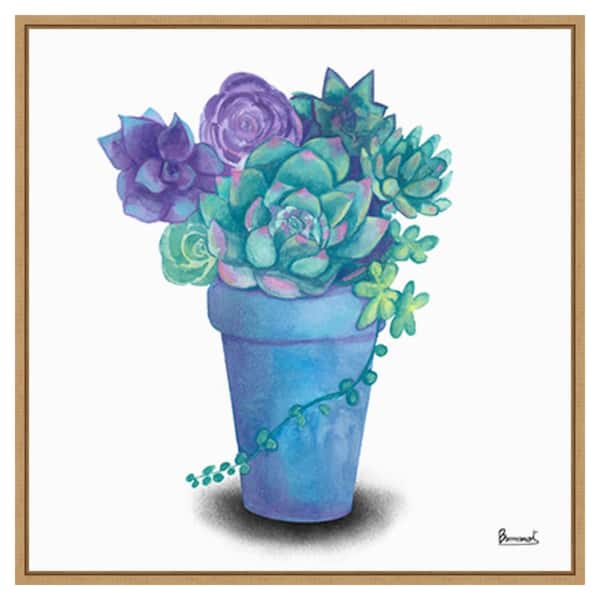 Amanti Art Turquoise Succulents IV by Bannarot 30 in. W x 30 in. H. Canvas Wall Art Print Framed in Brown