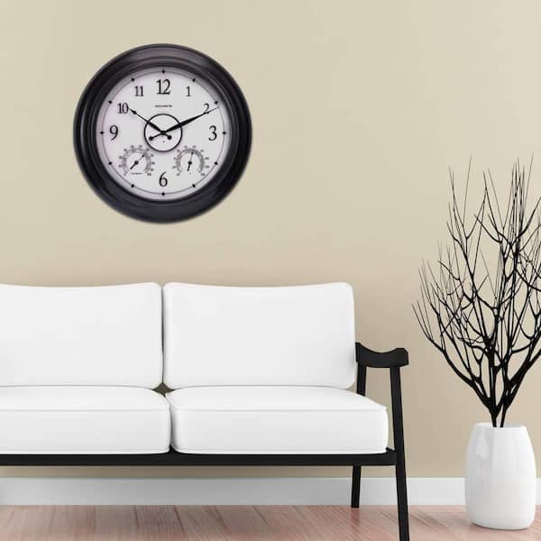 24 in. LED-Illuminated Outdoor Wall Clock with Thermometer and Humidity Sensor, Metal Frame, Glass Lens, Black
